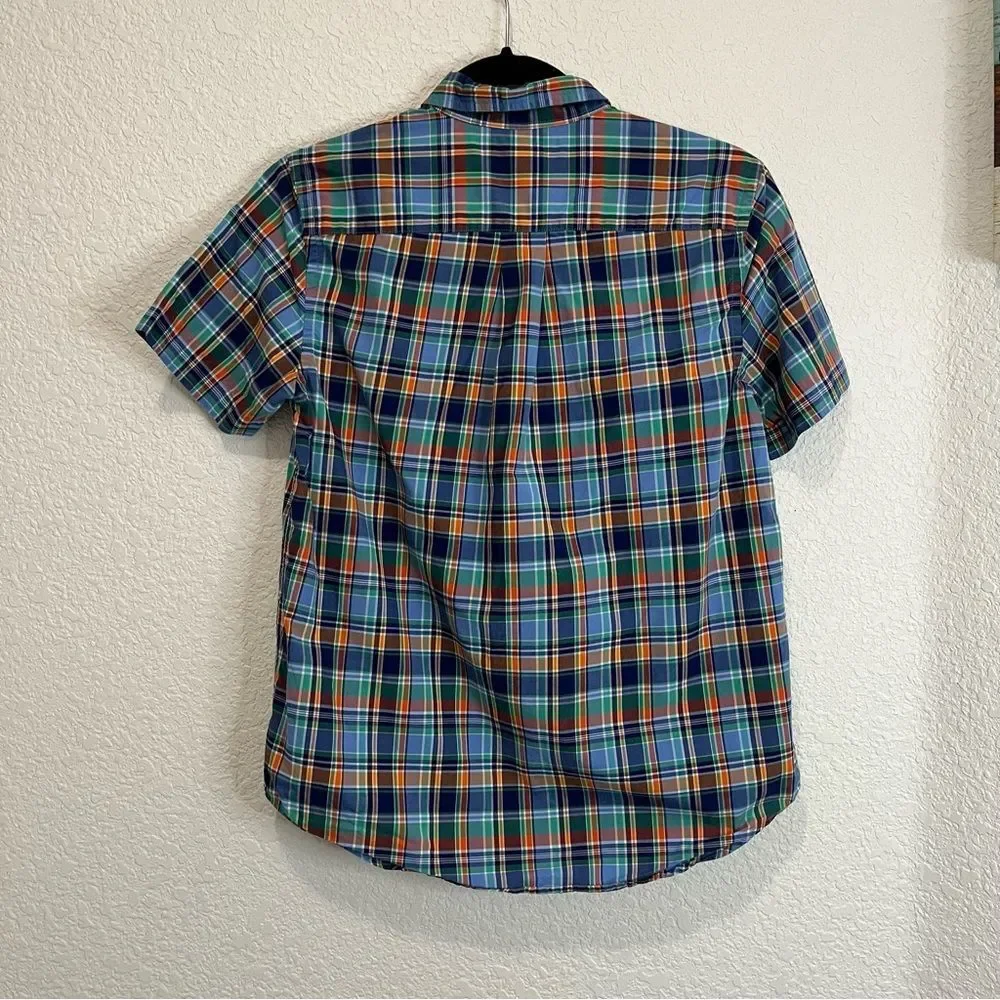 Ralph Lauren Plaid Blue Orange Green Button Up Short Sleeve Shirt Boys Youth L